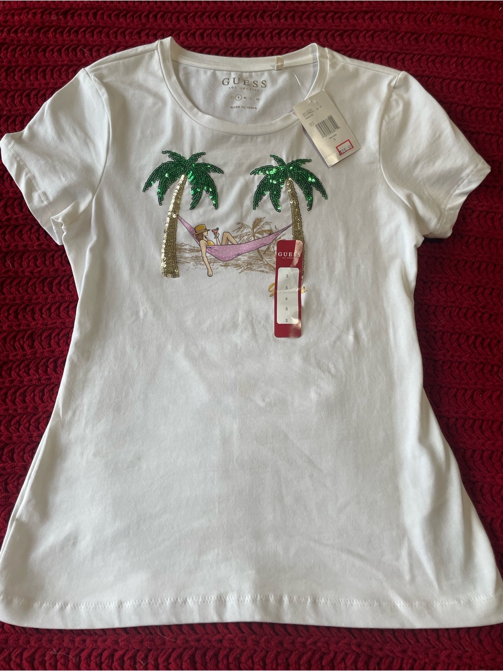 GUESS White Tee with Green Sequin Palms and Pink Hammock